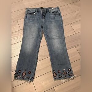 DRIFTWOOD Blue Jeans with Embroidered Hem waist 33in length 26in PETITE